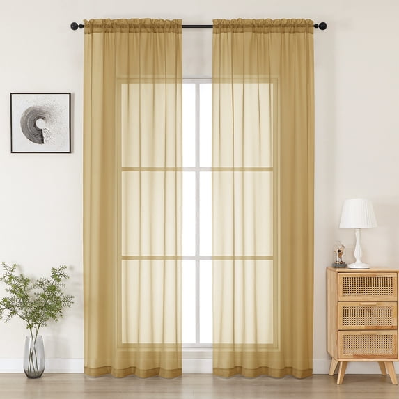 MKHILL Gold Sheer Curtains 96 Inch Long 2 Panels, Light Filtering Privacy for Living Room/Bedroom, Semi Transparent Voile Rod Pocket Window Treatment, Each 42" W x 96" L
