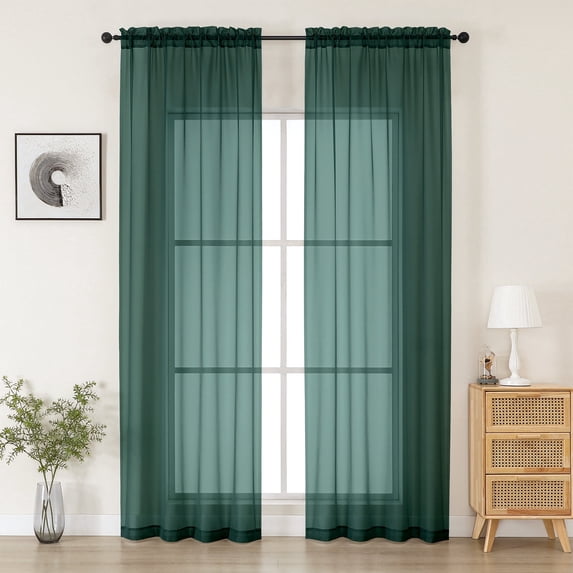 MKHILL Hunter Green Sheer Curtains 96 Inch Long 2 Panels, Light Filtering Privacy for Living Room/Bedroom, Semi Transparent Voile Rod Pocket Window Treatment, Each 42" W x 96" L