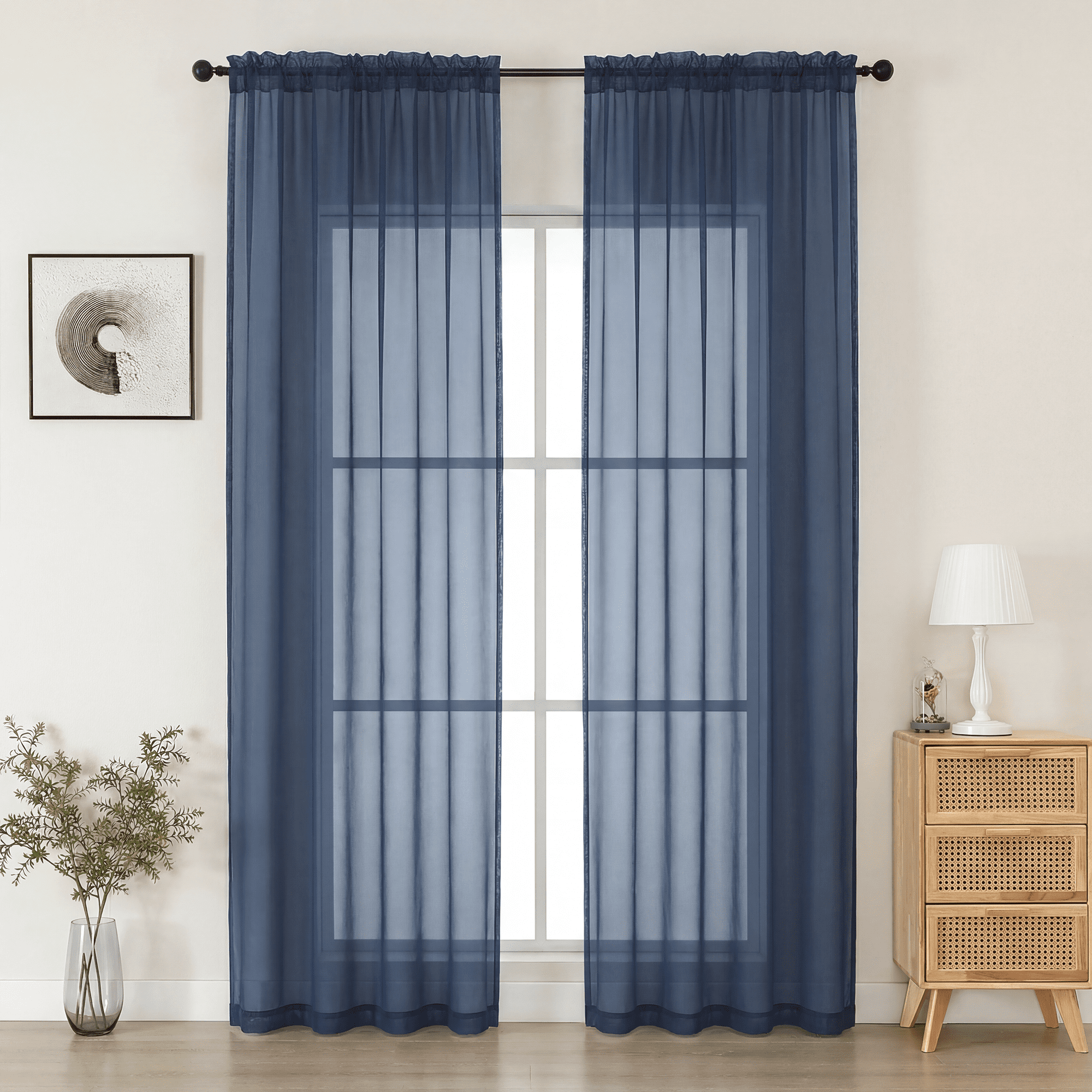 MKHILL Navy Blue Sheer Curtains 96 Inch Long 2 Panels, Light Filtering ...
