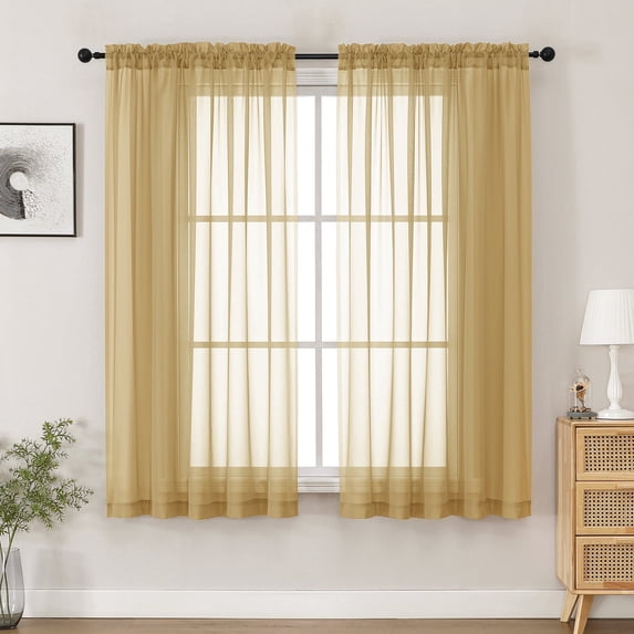 MKHILL 59x63 Extra Wide Gold Sheer Curtains 2 Panels, 63 Inch Long Light Filtering Voile Drapes for Living Room Bedroom, Rod Pocket Window Panels, Each 59" W x 63" L