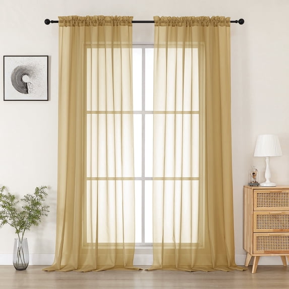 MKHILL 2 Pack Extra Wide Gold Sheer Curtains, 84 Inch Long Solid Voile Drapes for Living Room Dining Room, Rod Pocket Window Panels, Each 59" W x 84" L