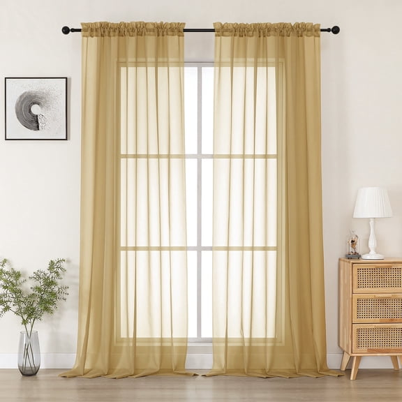 MKHILL 2 Pack Extra Wide Gold Sheer Curtains, 84 Inch Long Solid Voile Drapes for Living Room Dining Room, Rod Pocket Window Panels, Each 59" W x 84" L