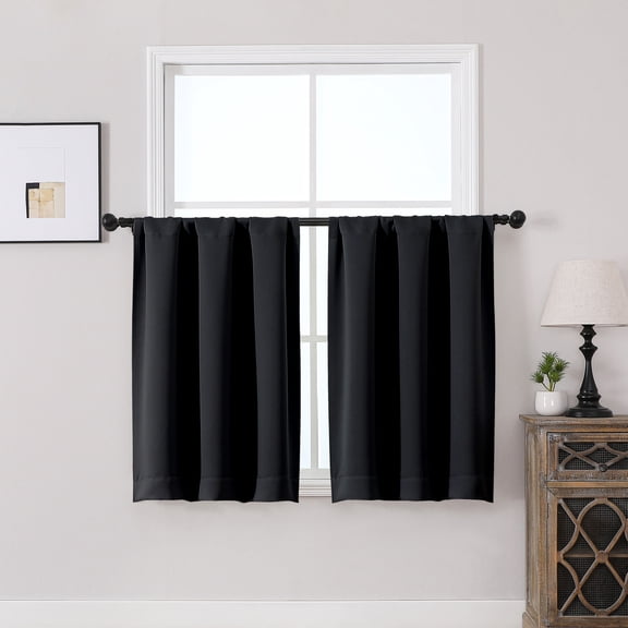 MKHILL Vela Black Blackout Tier Curtains 36 Inch 2 Panels, Thermal Insulated Room Darkening Rod Pocket Cafe Curtains for Kitchen Sink Bathroom Small Window Camper, Each 30"W x 36"L