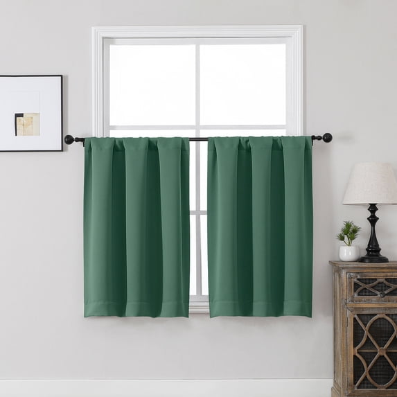 MKHILL Vela Ever Green Blackout Thermal Tier Curtains 2 Panels, 30"W x 36"L, Rod Pocket Room Darkening Energy Efficient Short Curtains for Kitchen Bathroom Cafe, Each 30"W x 36"L, Ever Green