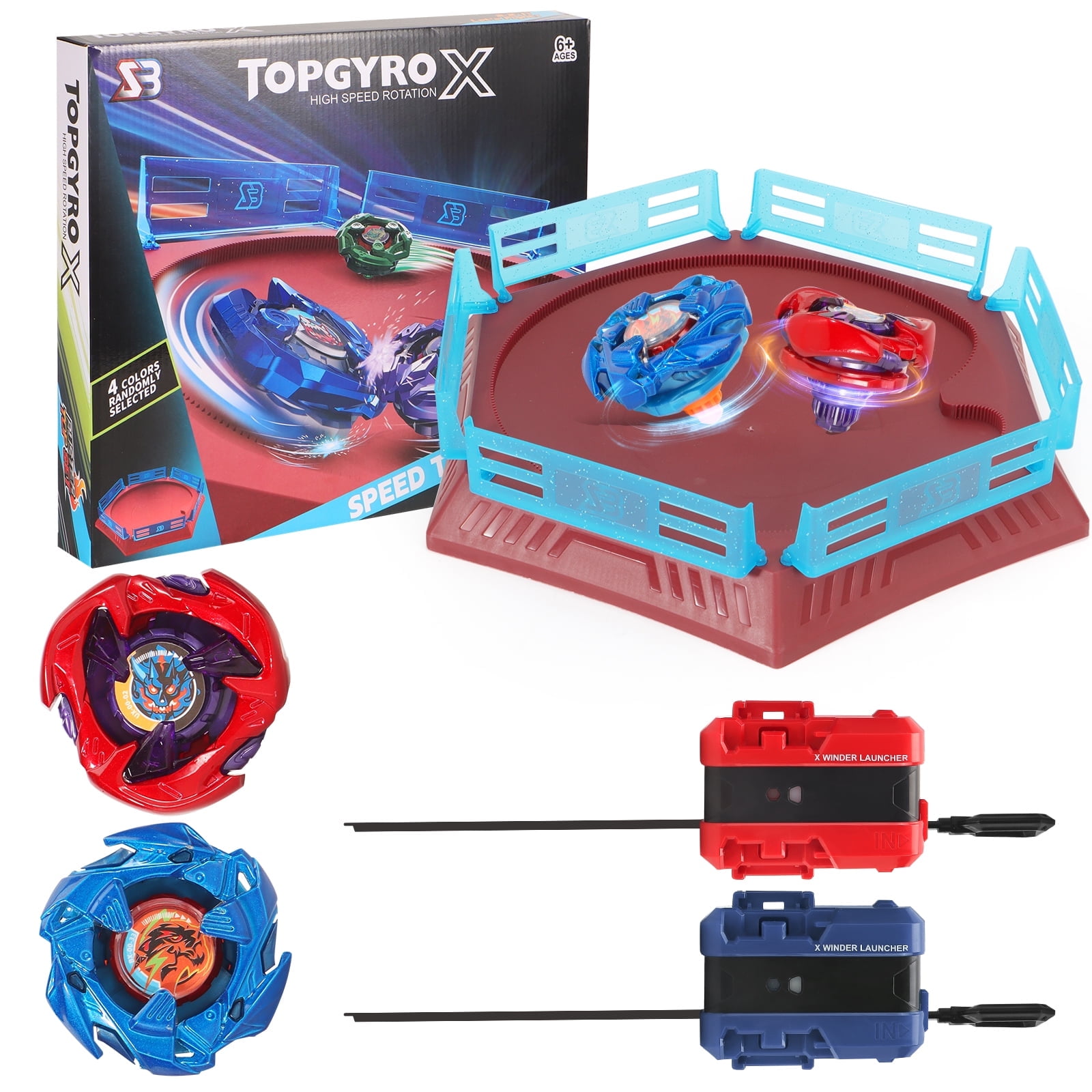 WMN Bey Burst Gyro Toy Set with Arena Metal Fusion Attack Toy Great Birthday Gift for Boys Children Kids Age 6 8 10 12+ Game Storage Box 2 Burst Gyros 1 Stadium 2 Two-Way Launcher