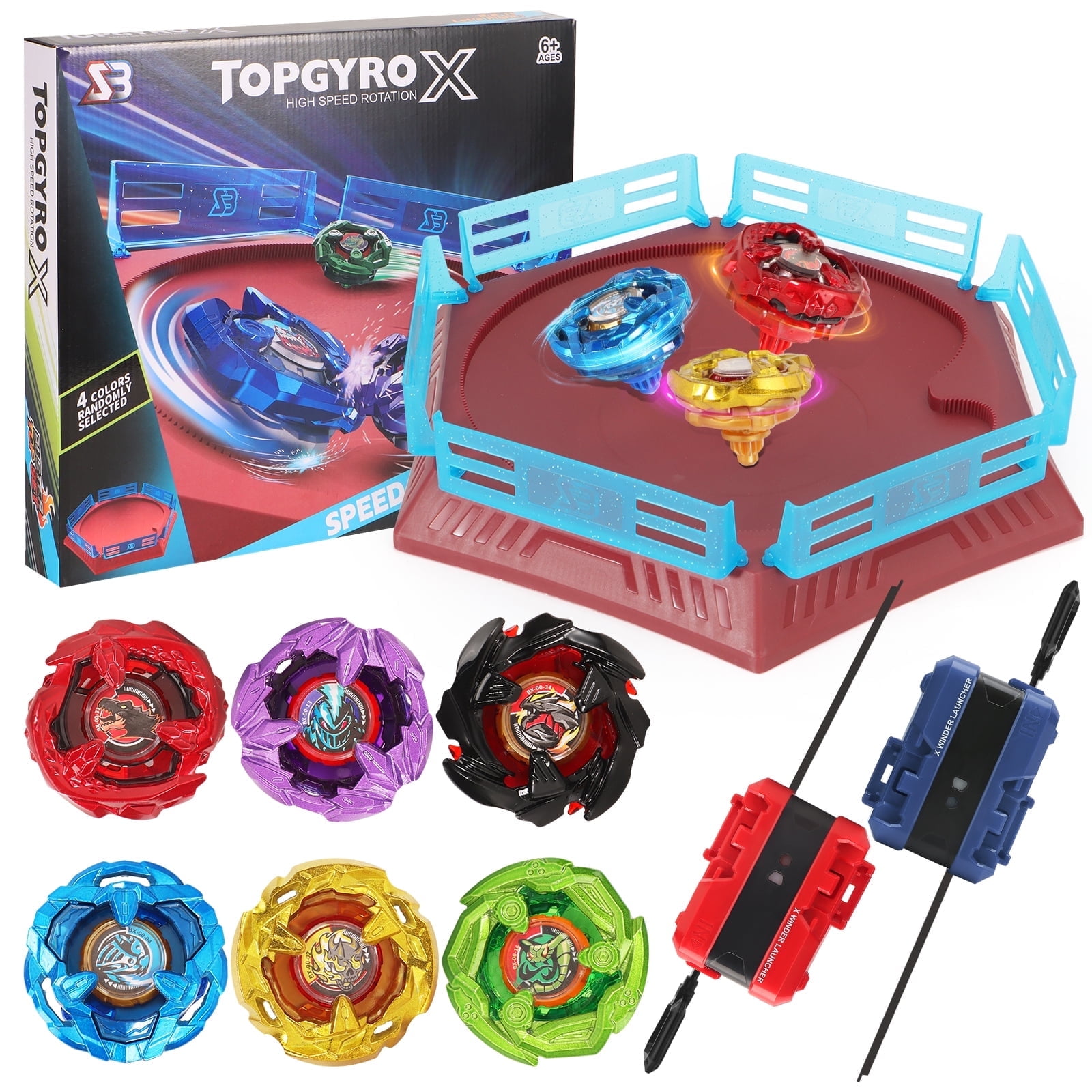 WMN Bey Burst Gyro Toy Set with Arena Metal Fusion Attack Toy Great Birthday Gift for Boys Children Kids Age 6 8 10 12+ Game Storage Box 6 Burst Gyros 1 Stadium 2 Launcher