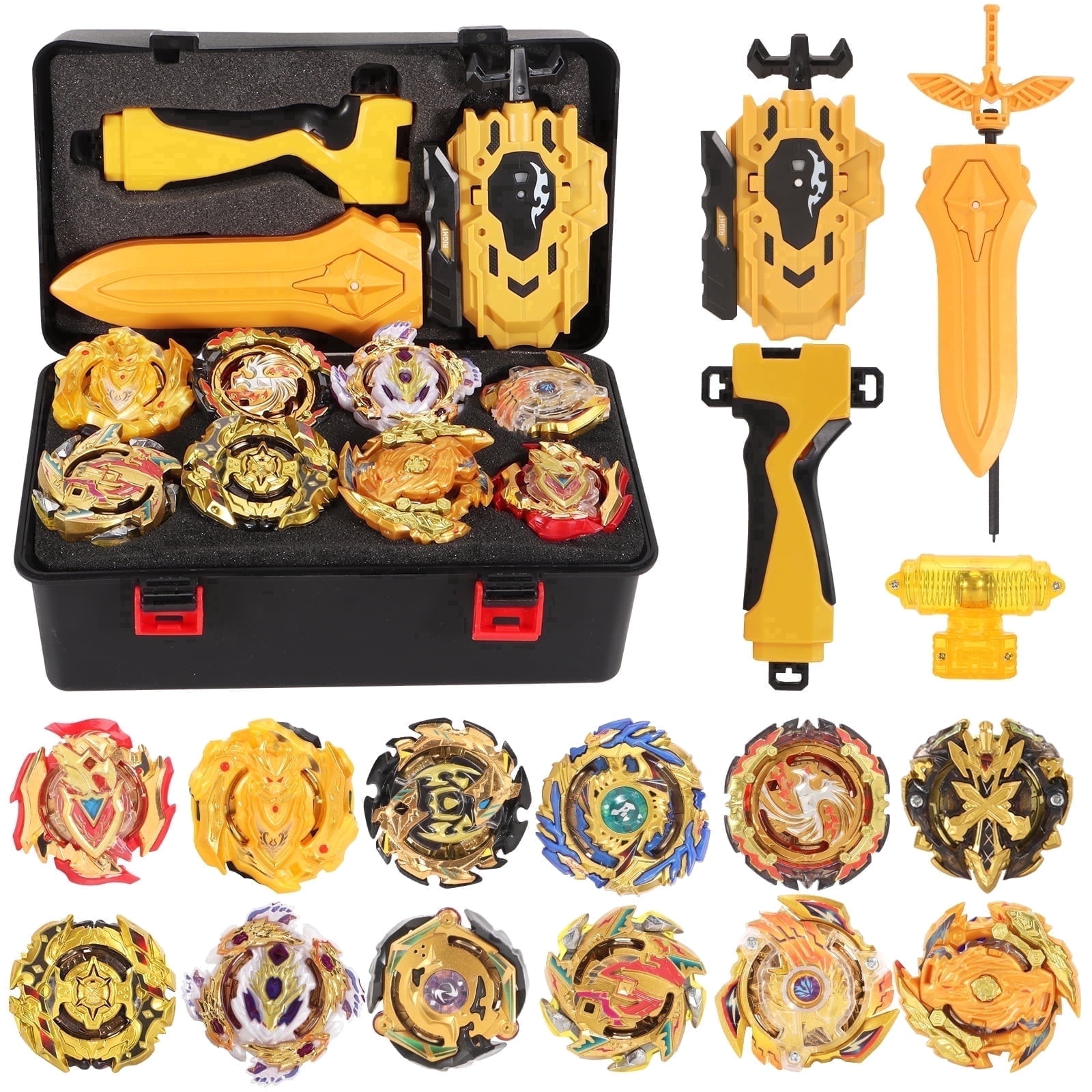 WMN X Bey Battling Top Burst Set,12 Gold Spinning Tops with 2 Launcher and 1 Grip with Storage Box,  Kids Toys Birthday Gift Ideal for 6+ Years Old Boys(Gold)
