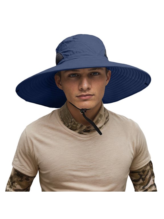 Mens Bucket Hats Solid Wide Brim Outdoor Hat Fishing Breathable Mesh Adjustable String Sun Hat