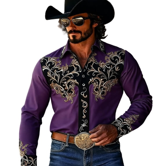 WMNTST Mens Shirts Western Retro Floral Print Shirt Casual Button Up Long Sleeve Cowboy Party And Outdoor Events Tops