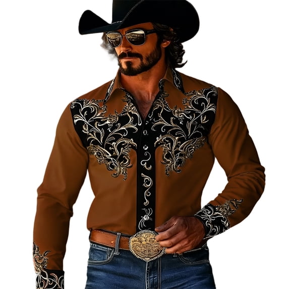 WMNTST Mens Shirts Western Retro Floral Print Shirt Casual Button Up Long Sleeve Cowboy Party And Outdoor Events Tops