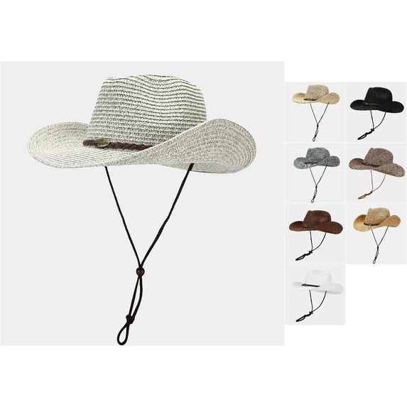 WMNTST Unisex Sun Hat Spring And Summer Wide Brimmed Adjustable Chin Strap Straw Hat Western Cowboy Style Headwear