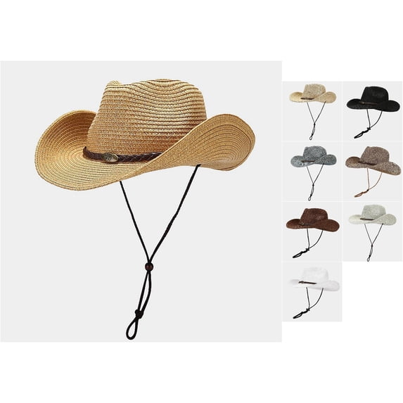 WMNTST Unisex Sun Hat Spring And Summer Wide Brimmed Adjustable Chin Strap Straw Hat Western Cowboy Style Headwear