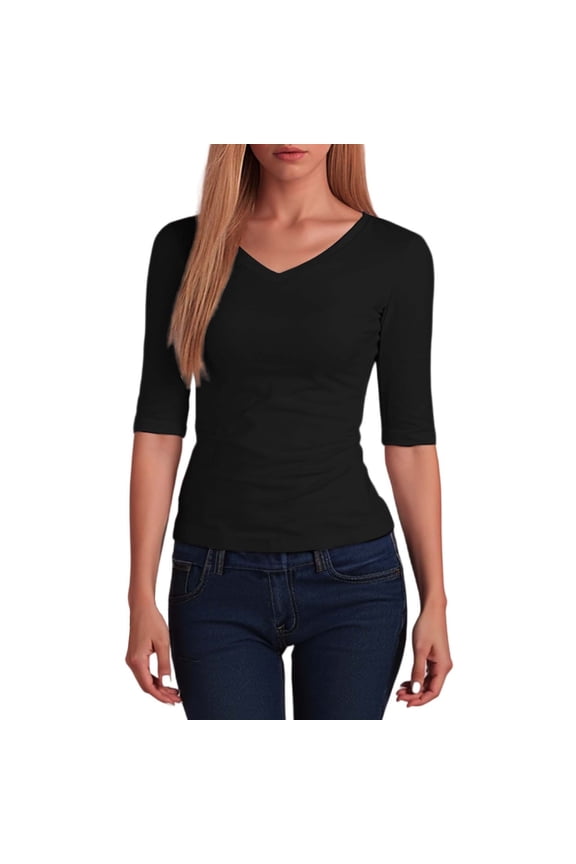 Women's Base Layer Top V-Neck Elbow-Length Sleeve Solid Color Slim Fit Basic Tee Tops Outfits For Summer