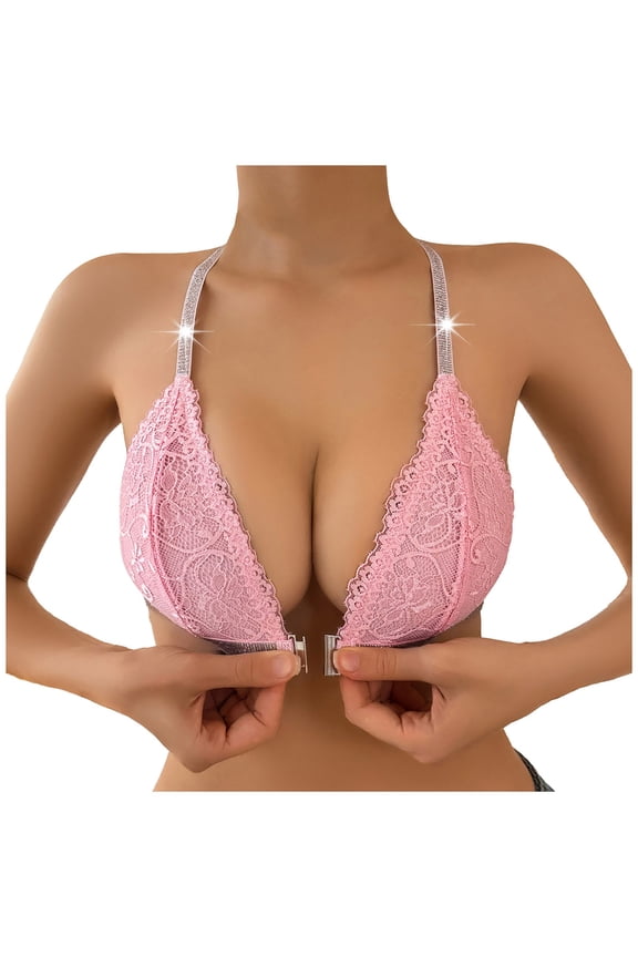 Women's Lace Bras Push Up Front Closure Triangle Cup Neckline Silver Ribbon Bra Wireless Stylish Home Wear Bras