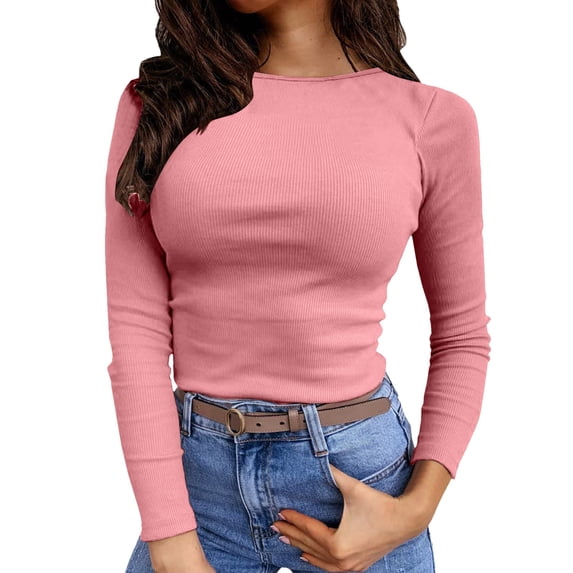 WMNTST Women's Ribbed Tshirts Crew-Neck Long Sleeve T Shirt Slim Fit Stretchy Solid Color Basic Versatile Commute Tee Tops
