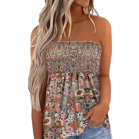 WMNTST Women's Ruffled Tube Top Backless Summer Sleeveless Tees Graphic Print Slim Fit Boho Style Beach Vacation Camisole