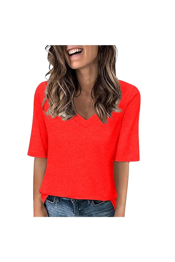 Women's Tshirts V-Neck Elbow-Length Summer Tops Loose Fit Solid Color Minimalist Versatile Casual Commute Tee Tops