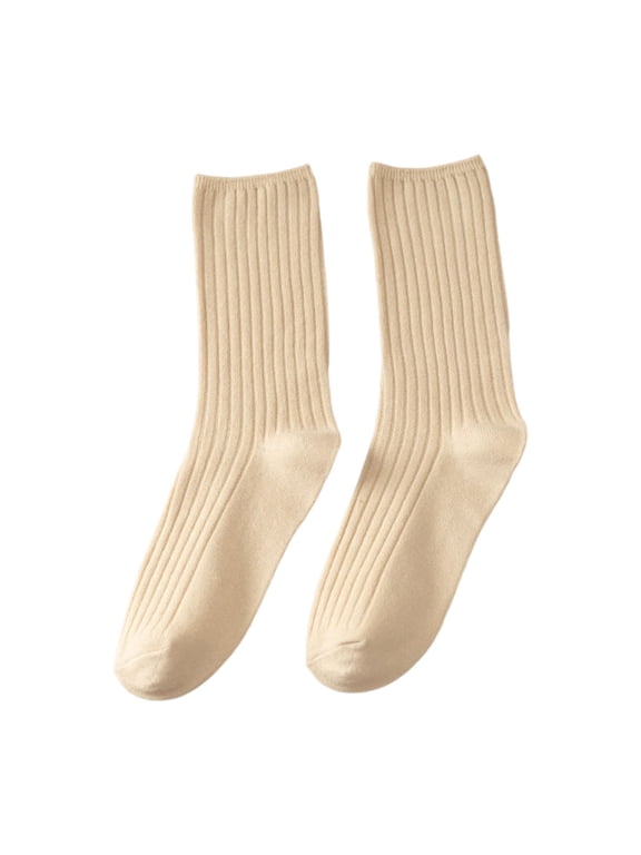 Womens Crew Socks Ribbed Stacked Hosiery Double Needle Knit Solid Color Casual Retro Daily Socks