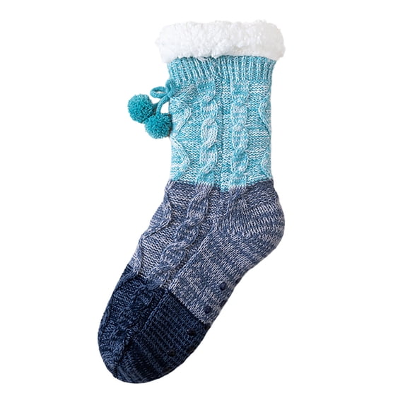WMNTST Womens Fuzzy Socks With Grips Color Block Textured Crew Sock With Cute Pompoms Cozy Winter Socks