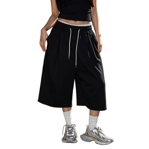WMNTST Womens Pants Wide Leg Solid Color High Waist Drawstring Pocket Cropped Sweatpants Loose Fit Daily Soft Loose Pant