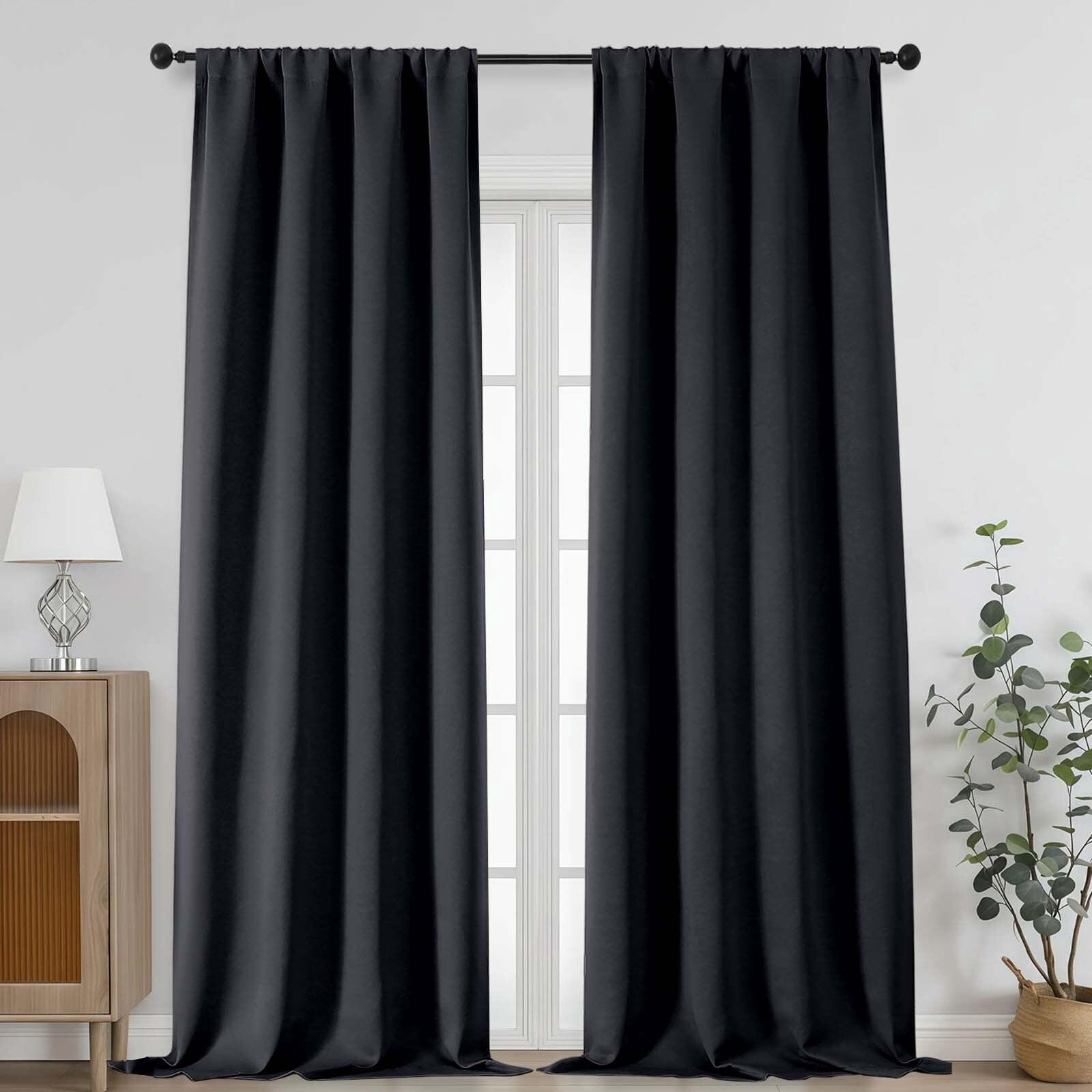 Chyhomenyc Black Blackout Curtains 96 Inches Long, Thermal Insulated Noise Reducing Solid Soft Privacy Rod Pocket Window Curtains for Living Room Bedroom, Each 50Wx96L Inch, 2 Panels