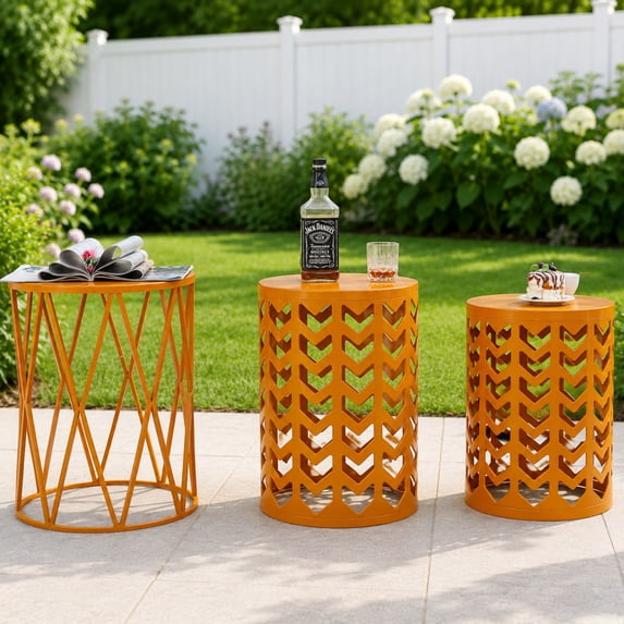 Y&M Round Nesting Coffee Tables, Set of 3 End Tables for Living Room Balcony Office, Heavy Duty Metal Stacking Nightstand for Home Indoor - Orange