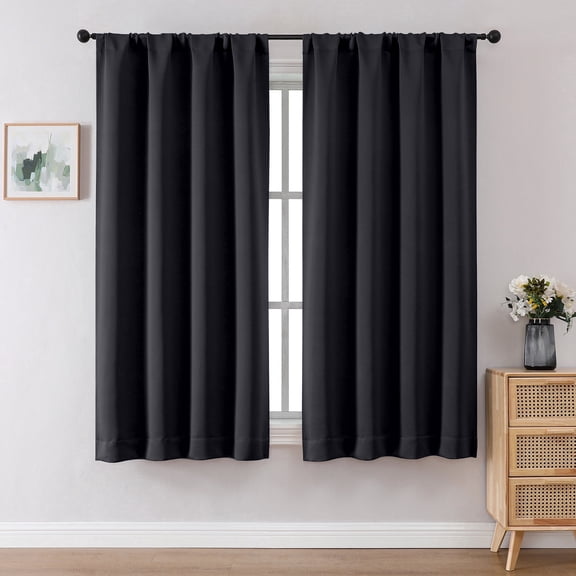 OVZME 63 Inch Blackout Curtains for Bedroom-2 Panels, Black Thermal Insulated Drapes, Room Darkening Rod Pocket Window Panels for Living Room, Each 37x63 Inch, Black