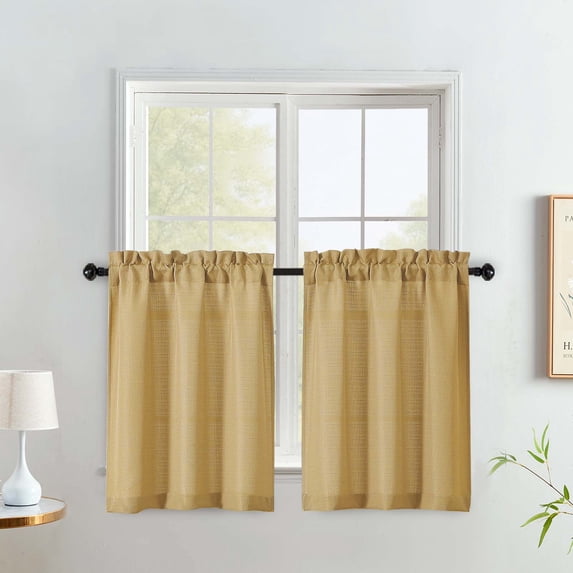 OVZME 24 Inch Gold Kitchen Curtains, Light Filtering Faux Linen Short Tier Drapes, Textured Cafe Curtains for Small Windows/Bathroom/RV, 30"x24", Set of 2, Gold