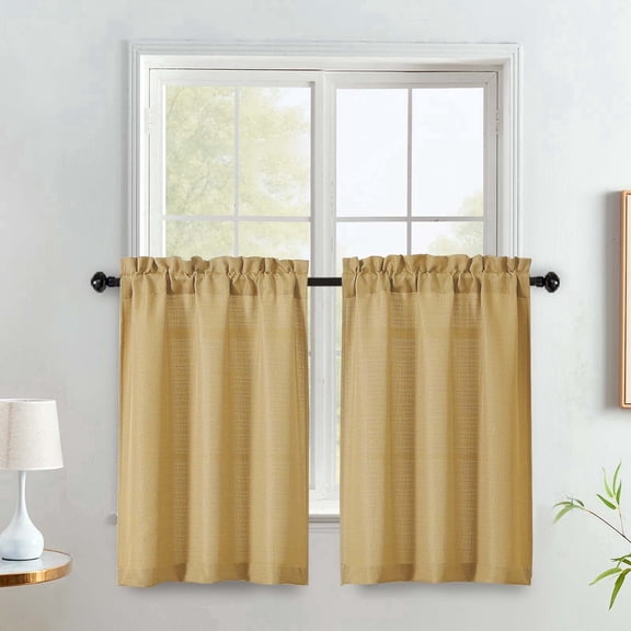 OVZME 30 Inch Gold Cafe Curtains, Light Filtering Faux Linen Tier Curtains for Kitchen Over Sink, Half Window Drapes for Bathroom/Basement, 30x30, 2 Panels, Gold