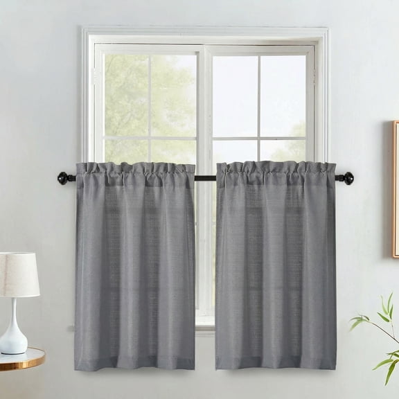 OVZME Grey Cafe Curtains 30 Inch Length, Light Filtering Faux Linen Tier Curtains for Kitchen Over Sink, Half Window Drapes for Bathroom/Basement, 30x30, 2 Panels, Grey