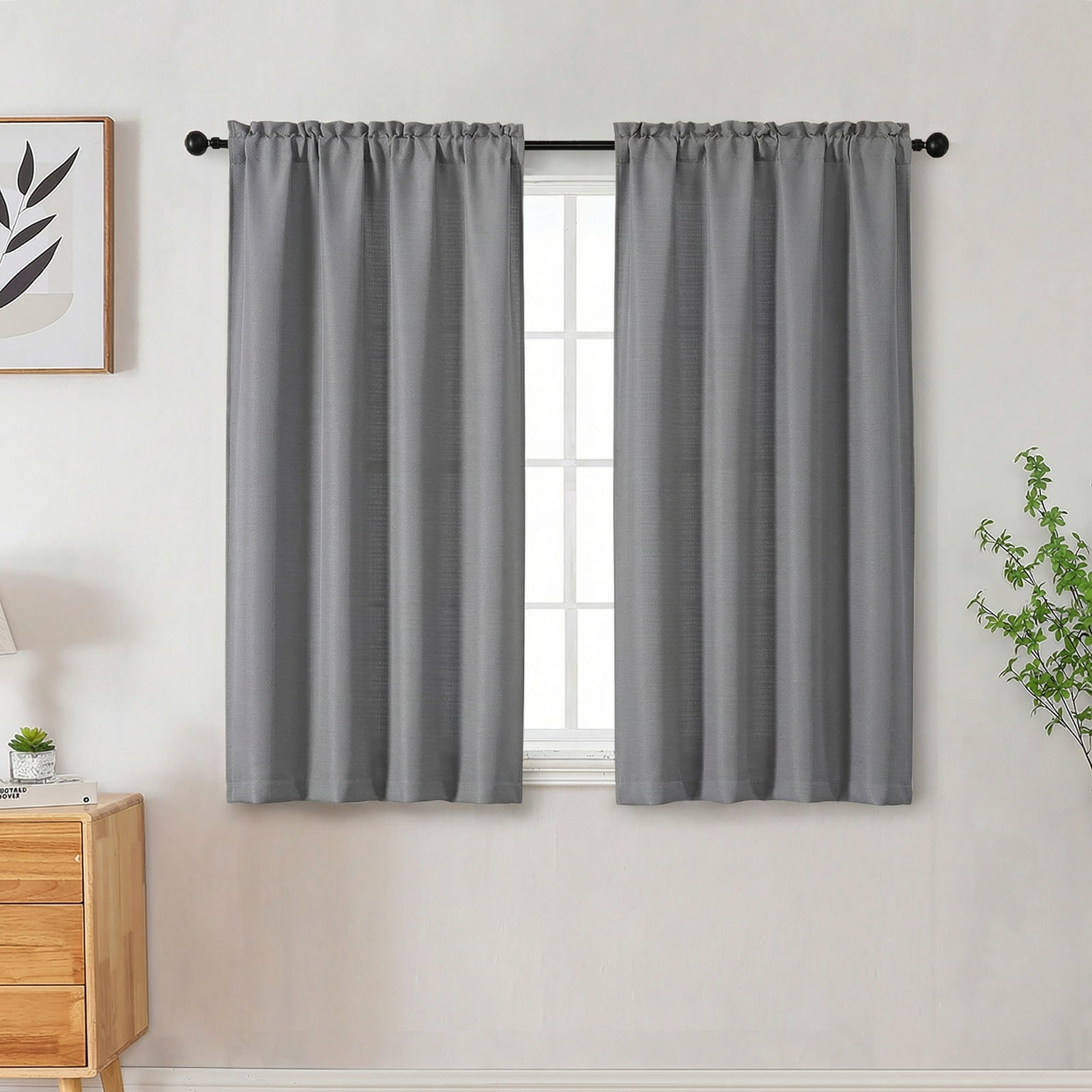 OVZME 45 Inch Grey Short Curtains, Light Filtering Faux Linen Textured ...