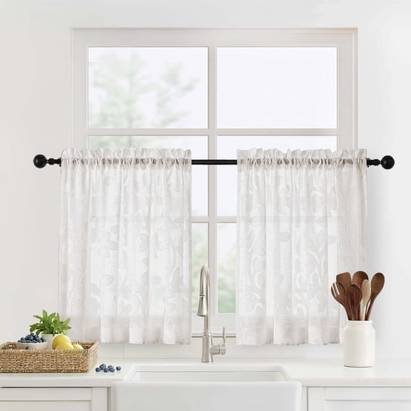 OVZME Darla Natural Kitchen Curtains 24 Inch Length, Jacquard Leaf Light Filtering Tier Drapes with Rod Pocket, Farmhouse Style Sheer Curtains for Small Windows/Bathroom/Cafe, 28x24, 2 Panels