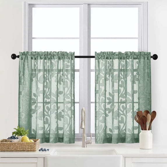 OVZME Darla Sage Green Tier Curtains 36 Inch Length, Jacquard Leaf Light Filtering Drapes with Rod Pocket, Farmhouse Style Sheer Curtains for Kitchen/Bathroom Windows, 28x36, 2 Panels