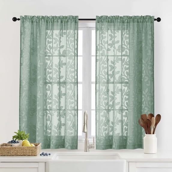 OVZME Darla Sage Green Sheer Curtains 45 Inch Length, Jacquard Leaf Light Filtering Short Drapes with Rod Pocket, Farmhouse Style for Cafe/Bedroom/Living Room, 28x45, 2 Panels