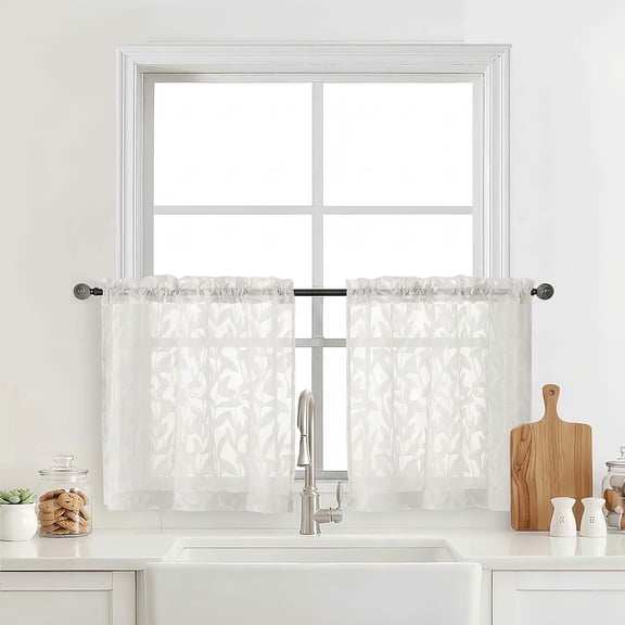 OVZME Leila Ivory Leaf Sheer Curtains 24" Length, Short Tier Window Panels for Small Window, Kitchen Bathroom/Basement, Each 28"W x 24"L, 2 Panels, Ivory
