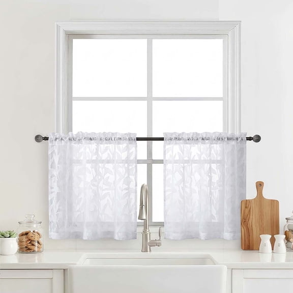 OVZME Leila White Sheer Curtains 24" Length, Short Tier Window Panels for Small Window, Kitchen Bathroom/Basement, Each 28"W x 24"L, 2 Panels, White