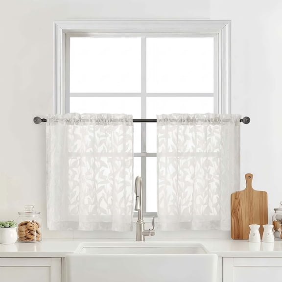 OVZME Leila Ivory Leaf Sheer Curtains 30" Length, Short Tier Panels for Small Window Kitchen Over Sink, Half Window Drapes for Bathroom/Basement, 28x30, 2 Panels, Ivory