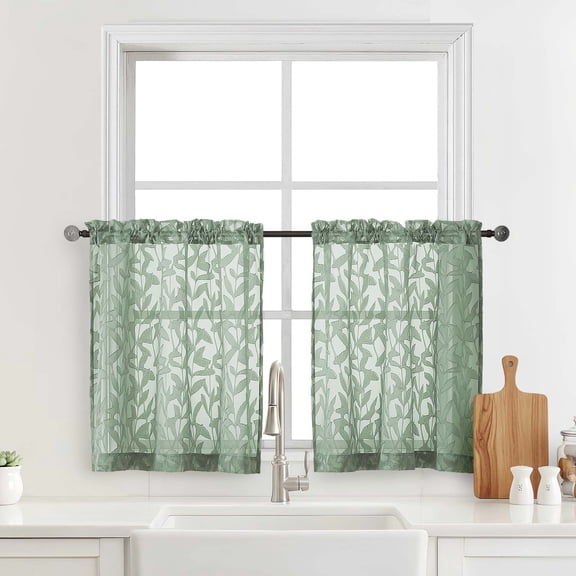 OVZME Leila Sage Green Sheer Curtains 30" Length, Short Tier Panels for Small Window Kitchen Over Sink, Half Window Drapes for Bathroom/Basement, 30x30, 2 Panels, Sage Green