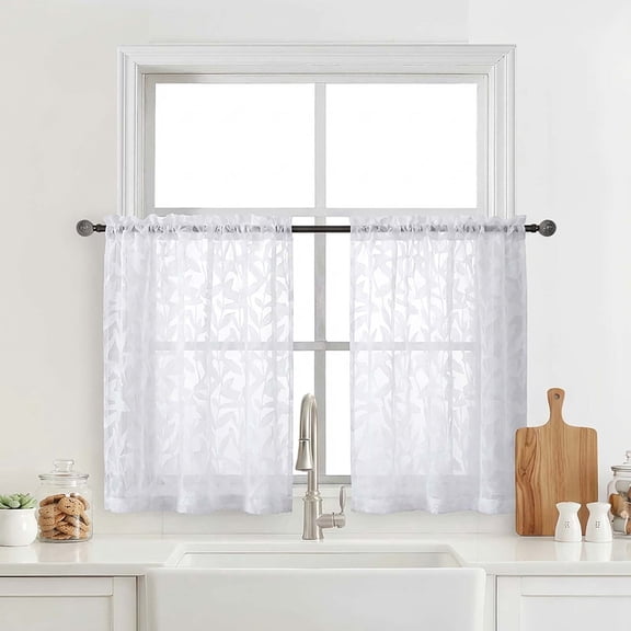 OVZME Leila White Sheer Curtains 30" Length, Short Tier Panels for Small Window Kitchen Over Sink, Half Window Drapes for Bathroom/Basement, 28x30, 2 Panels,White