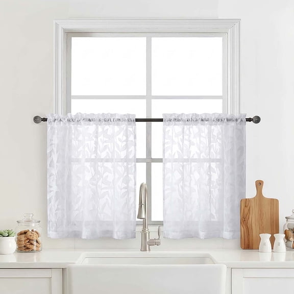 OVZME Leila Farmhouse Sheer Kitchen Curtains 36 Inch, White Leaf Pattern Tier Curtains for Kitchen Windows, 28x36 Inches Each, Set of 2, White
