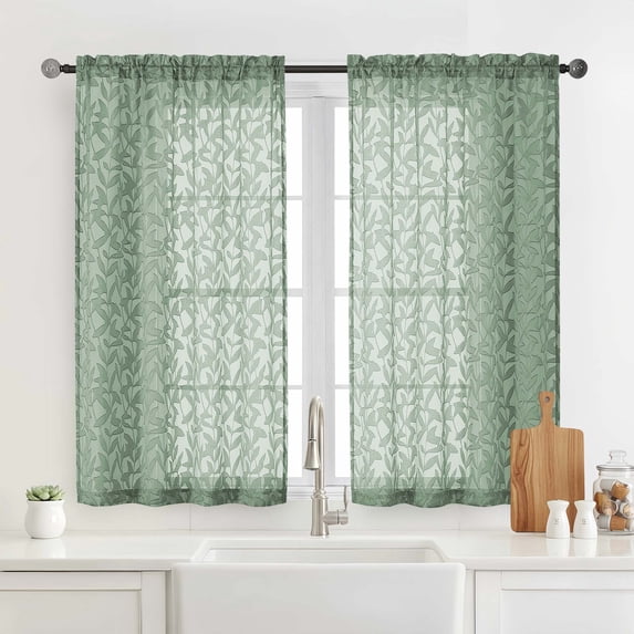 OVZME Leila Sage Green Sheer Curtains 45 Inch long, Textured Leaf Pattern Light Filtering Curtains for Kitchen Bedroom, Set of 2, 28"W x 45"L, Sage Green