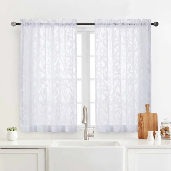 OVZME Leila White Sheer Curtains 45 Inch long, Textured Leaf Pattern Light Filtering Curtains, Burnout Jacquard Window Panels for Kitchen Bedroom, Set of 2, 28"W x 45"L, White
