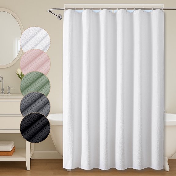 OVZME Leon 72"Wx78"L White 3D Embossed Textured Fabric Shower Curtain for Bathroom, Waterproof & Machine Washable, Luxury Fabric Bath Curtain with Button Holes, 72W x 78H inches, White