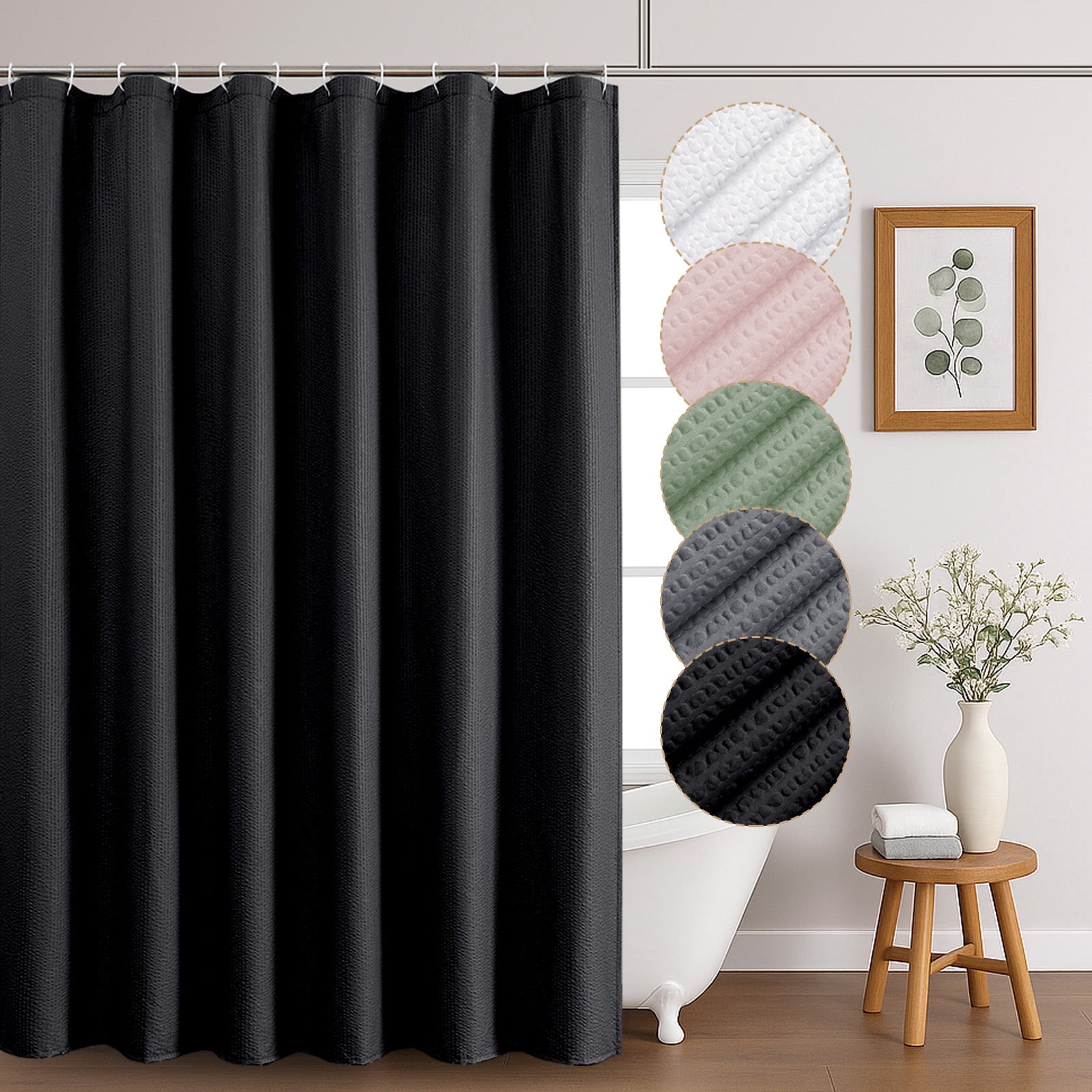 OVZME Extra Long Black Shower Curtain 96 Inch Water Repellent Textured
