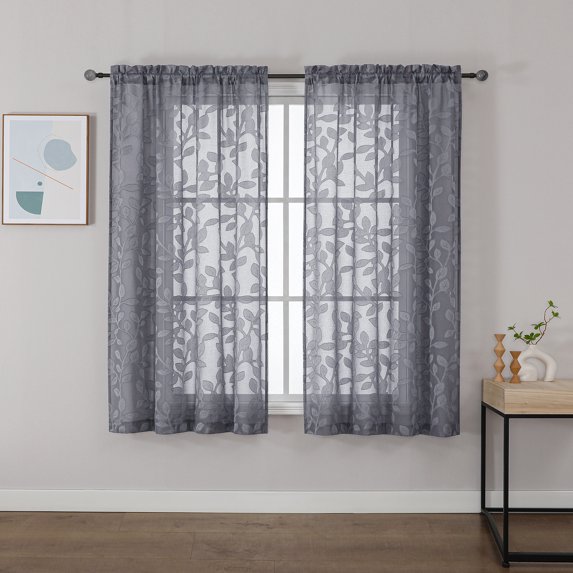 OVZME Rick Dark Gray Sheer Curtains 54 inches Long 2 Panels for Living Room, Jacquard Clip Leaf Pattern Textured Light Filtering Window Semi Sheer Voile Drapes for Bedroom, Each Panel 42 x 54 Inch