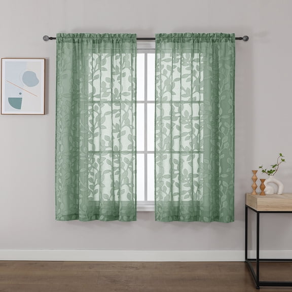 OVZME Rick Muted Sage Sheer Curtains 54 inches Long 2 Panels for Living Room, Jacquard Clip Leaf Pattern Textured Light Filtering Window Semi Sheer Voile Drapes for Bedroom, Each Panel 42 x 54 Inch