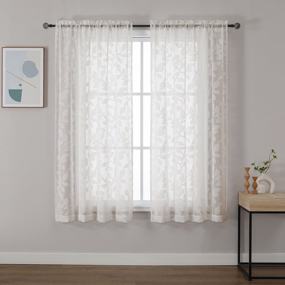 OVZME Rick Off-White Sheer Curtains 63 inches Long 2 Panels for Living Room, Jacquard Clip Leaf Pattern Textured Light Filtering Window Semi Sheer Voile Drapes for Bedroom, Each Panel 42 x 63 Inch