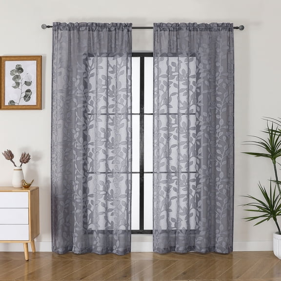 OVZME Rick Dark Gray Sheer Curtains 72 inches Long 2 Panels for Living Room, Jacquard Clip Leaf Pattern Textured Light Filtering Window Semi Sheer Voile Drapes for Bedroom, Each Panel 42 x 72 Inch