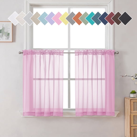 OVZME 42x24 Pink Sheer Curtains 2 Pack, 24" Long Short Cafe Curtain for Kitchen Bathroom, Light Filtering Soft Voile, Each 42Wx24L Inch
