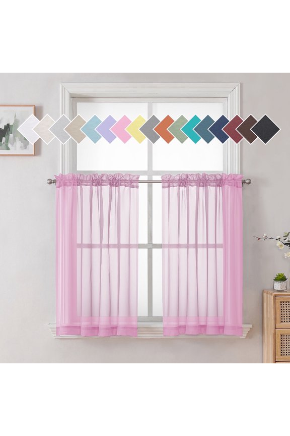 42x36 Pink Sheer Curtains 2 Pack, 36 Inch Long Short Cafe Curtain Tiers for Kitchen Laundry Small Windows, Each 42Wx36L
